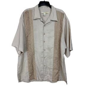 Syllables Men's Tan Shirt Sz 2XL Short Sleeve Embroidery Guayabera Style Beach